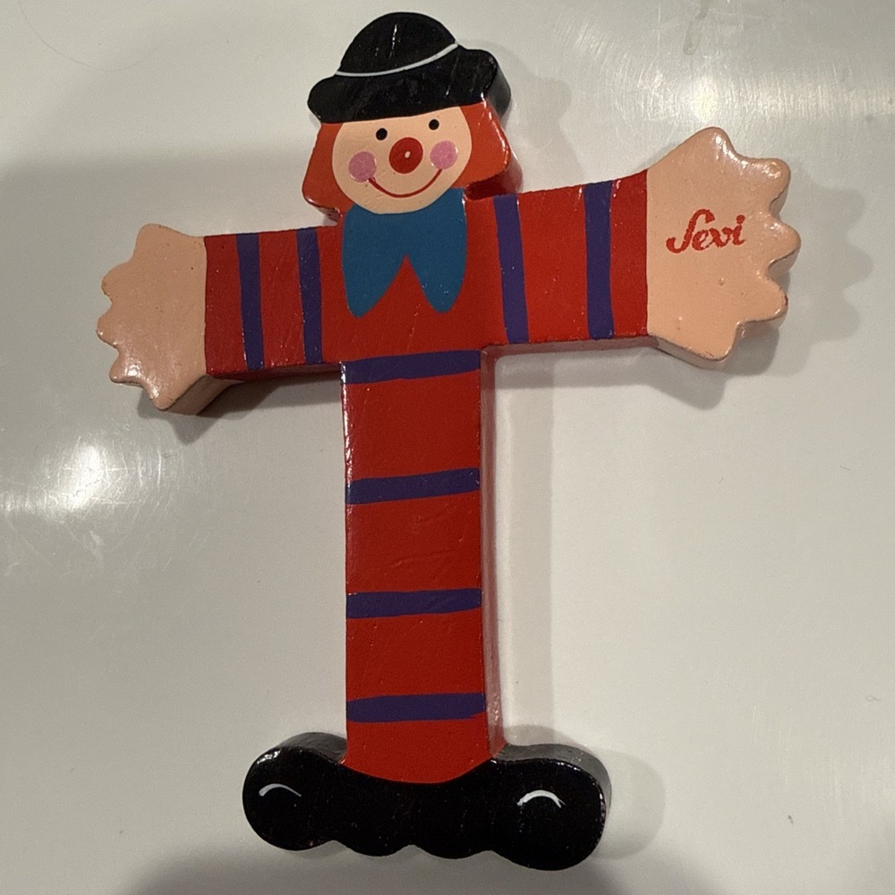 Vtg Sevi Clown Child Kids Alphabet Wooden Letter T Personalized Decor Red‎